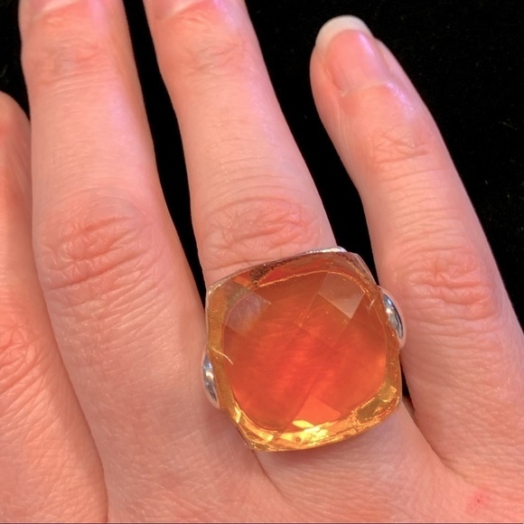 Large Orange Cushion Quartz Ring Checkerboard Faceted - Picture 8 of 9
